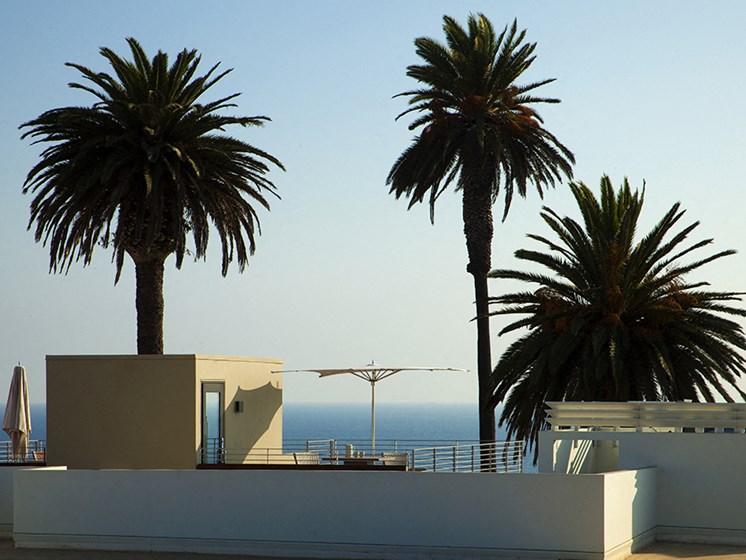 Terrace Area With Umbrella Shades at 301 Ocean Ave, Santa Monica, CA, 90402